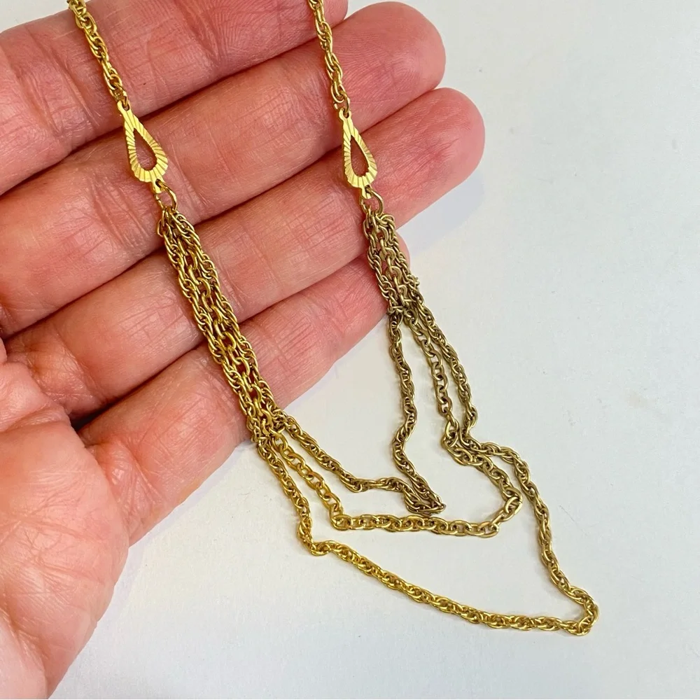 Vintage Necklace Gold Tone Triple Strand Rope Chain‎ Layered Teardrop MidCentury